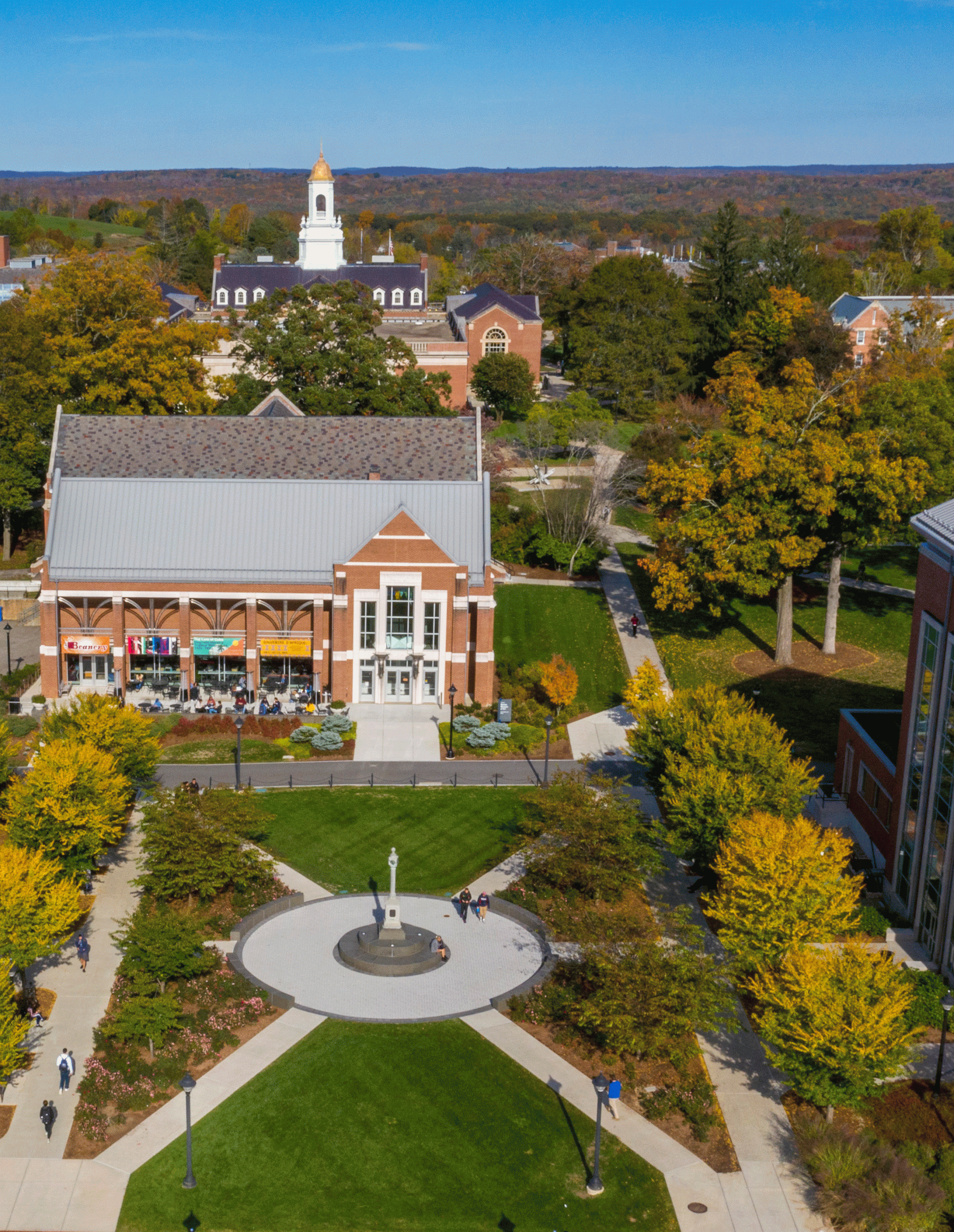 Aerial (drone) view of the Student Union Mall and Benton Museum of Art on Oct. 15, 2019. (Sean Flynn/UConn Photo)